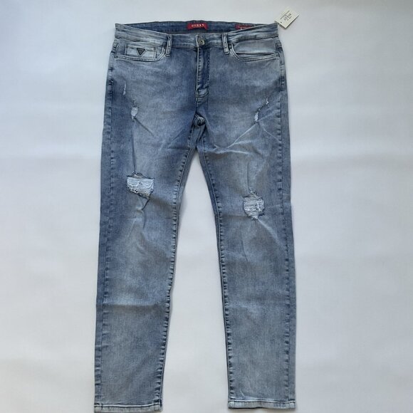 Guess Men’s Modern Skinny Jeans Destroy Stretch Denim Light Blue Size 36X32 - Picture 2 of 11